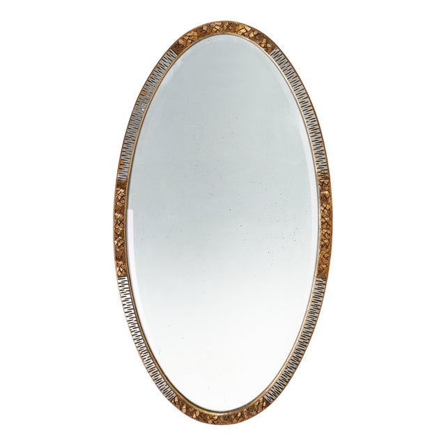 Large Art Deco French Gilded and Silvered Oval Mirror, 1910s For Sale