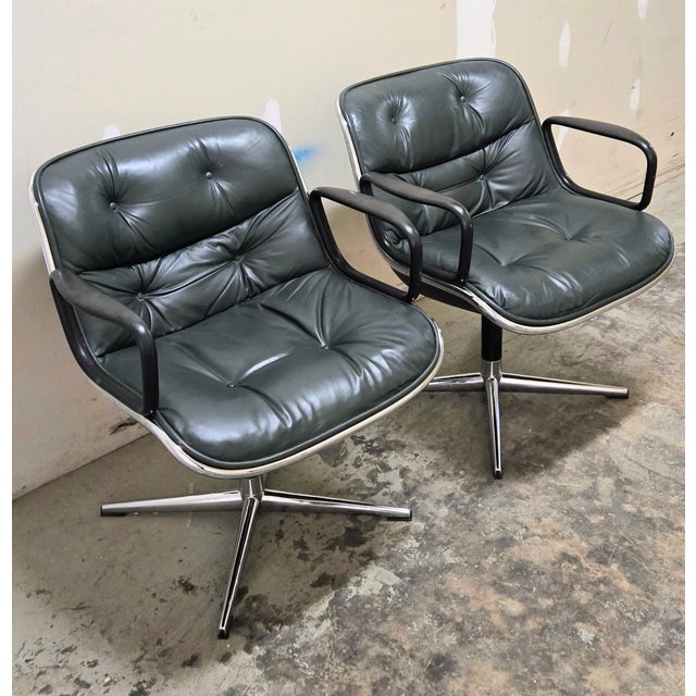 Iconic Early Charles Pollock Executive Armchairs a Pair Solid Aluminum Base Green Leather For Sale - Image 13 of 14