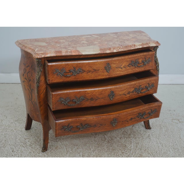 French Vintage French Louis XV Style Bombe Marble Top Commode Chest For Sale - Image 3 of 18