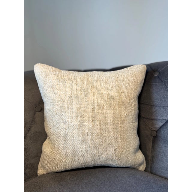 Vintage Turkish Hemp Pillow, Natural Ivory White Cushion, Handwoven Anatolian Pillow With Insert, 16x16 In For Sale - Image 4 of 6