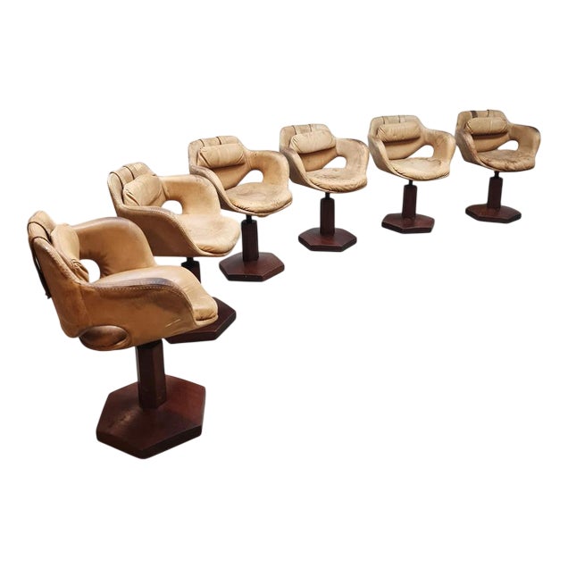 Vintage Leather Swivel Chairs, 1950s, Set of 6 For Sale