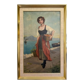 Antique Italian Oil Painting Young Woman With Fruit Basket Mediterranean Scene For Sale