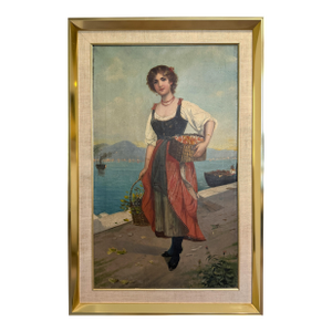 Antique Italian Oil Painting Young Woman With Fruit Basket Mediterranean Scene