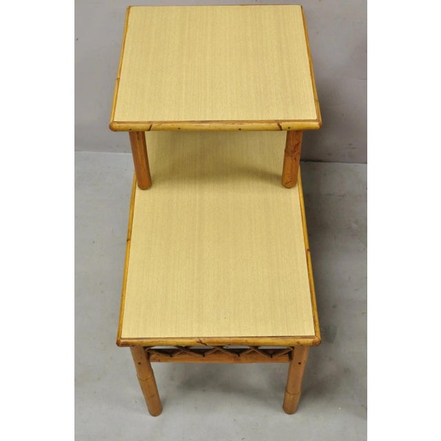 Yellow Vintage Mid Century Modern Tiki Room Rattan Bamboo Step Up End Tables - A Pair For Sale - Image 8 of 10