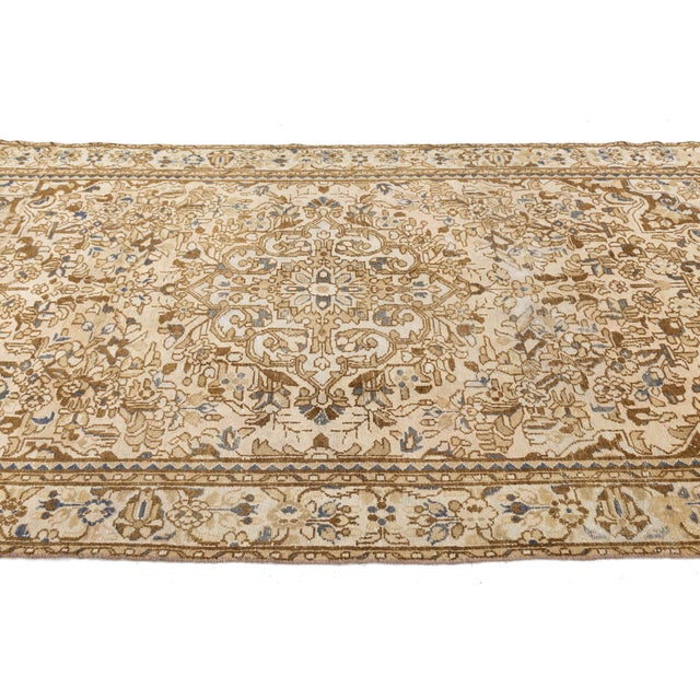 Vintage Hand-Knotted Neutral Medallion Area Rug in Warm Camel, Ivory & Slate Blue For Sale - Image 4 of 10
