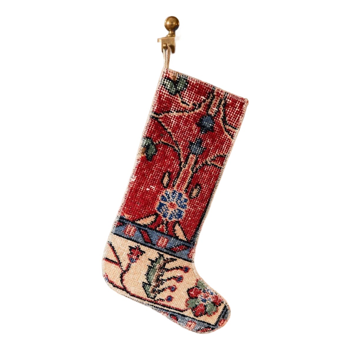 Vintage Turkish Rug Christmas Stocking, Bohemian Red Floral, Cream Blue ...