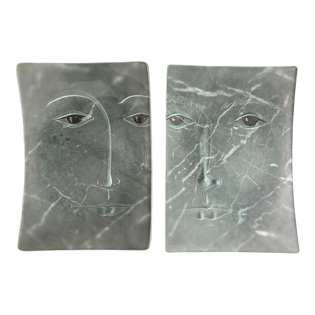 Mid 20th Century Cubism Etched Glass Face Trays- Set of 2 For Sale