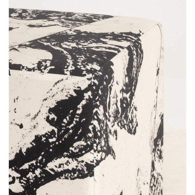 Pair of Unison Black Marble Upholstered Cube Ottomans For Sale - Image 4 of 7