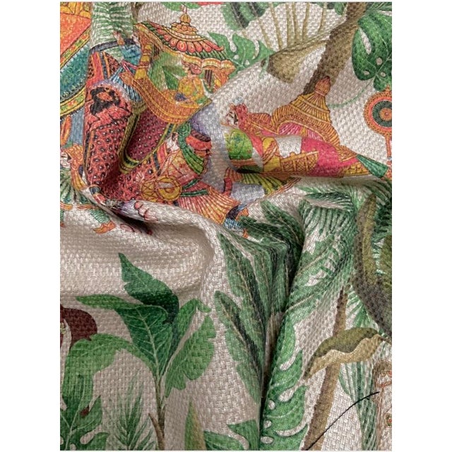 Chinoiserie royal parade with elephants, tropical palm trees, printed basketweave fabric. Colorful tapestry like fabric,...