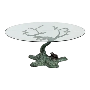 1980s Patinated Bronze Bonsai Tree With Bronze Frog Glass Top Coffee Table by LaBarge