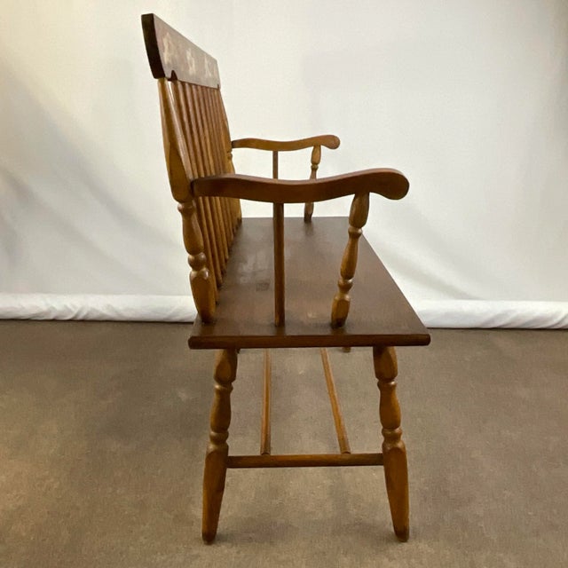 1970s Vintage Arts & Crafts Windsor Spindle Back Pine Bench. For Sale - Image 11 of 12