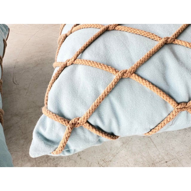 Pair of Coastal Blue Pillows With Overlay Knotted Rope - 2 For Sale - Image 4 of 4