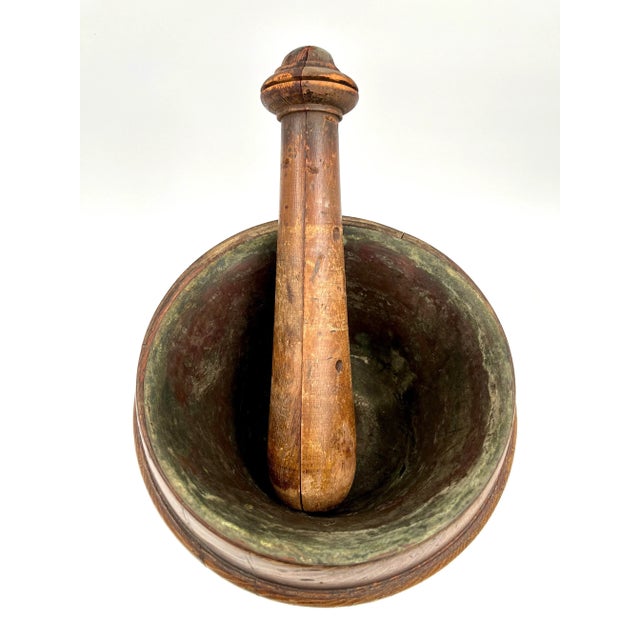 Early 19thC Tiger Oak and Copper Lined Jumbo Footed Primitive Industrial Apothecary Mortar and Pestle or Planter For Sale - Image 9 of 12