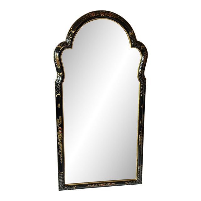 Large Ebonized Hand Painted & Gilded Chinoiserie Wall Mirror For Sale
