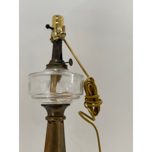 Brass Mid 20th Century Brass and Glass Converted Kerosene Lamp With Silk Cord – Solid Heavy Base For Sale - Image 8 of 13