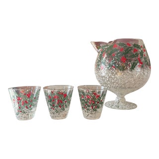 Vintage West Virginia Glass Holly Pattern Brandy Snifter With Three Glasses Holiday Barware Set For Sale