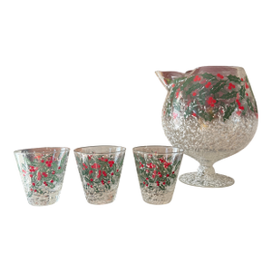 Vintage West Virginia Glass Holly Pattern Brandy Snifter With Three Glasses Holiday Barware Set