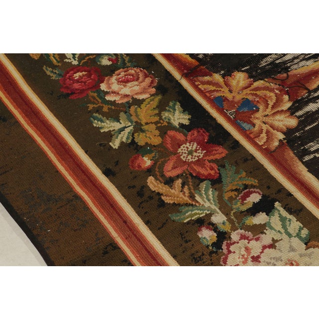 Brown Antique Needlepoint Rug in Brown, Red and Green Floral Pattern For Sale - Image 8 of 9
