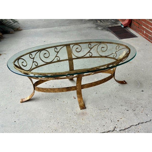 Hollywood Regency Hand Gilt Wrought Iron Oval Coffee Table - Newly Painted For Sale In Mobile - Image 6 of 12