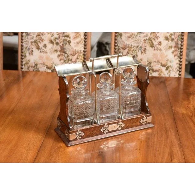 19th Century English Victorian Locking Tantalus with Three Cut Glass Decanters For Sale - Image 4 of 12