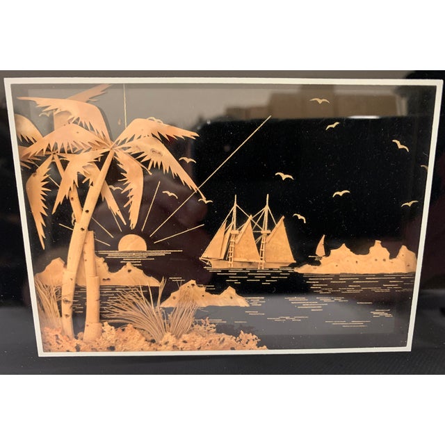 Ocean View Tropical Scene With Masted Ship Done in Cork Within a Celluloid Faux Ivory Frame For Sale - Image 4 of 9