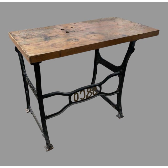 Industrial Vintage Antique Industrial Saltzman Chicago Cast Iron Table With Wooden Top For Sale - Image 3 of 9