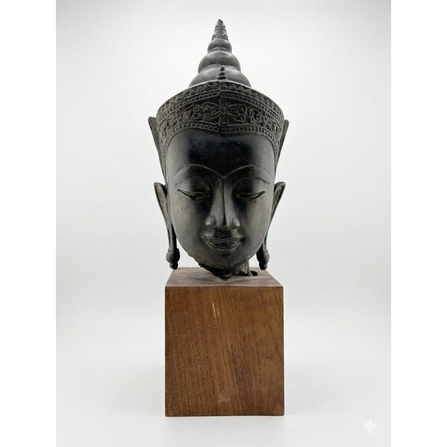 Vintage Bronze Crowned Buddha Head in Thai Ayutthaya Style. Wood Base Sculpture For Sale In New York - Image 6 of 6