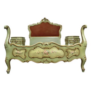 Venetian Baroque Green Lacquered Hand-Painted Floral Single Bed Set with Two Nightstands, 1950s, Set of 3 For Sale