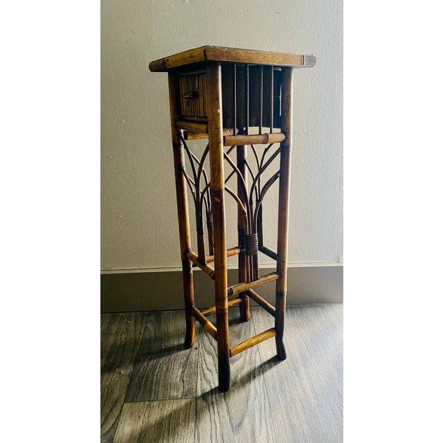 Shabby Chic Vintage Tortoiseshell Rattan Plant Stand Side End Table With Drawer For Sale - Image 3 of 11