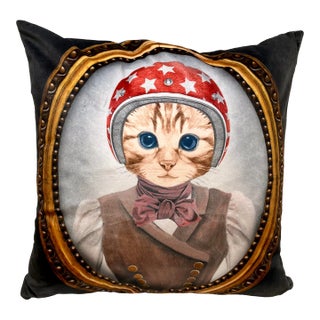 16" Square Decorative Throw Pillow Embellished With a Portrait of a Stoic Cat Depicted as a Vintage Airplane Aviator - Made in the U K For Sale