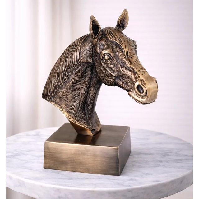 Modern 1970s Antique Brass Finish Metal Hand Carved Horse Head Bust Sculpture For Sale - Image 3 of 10