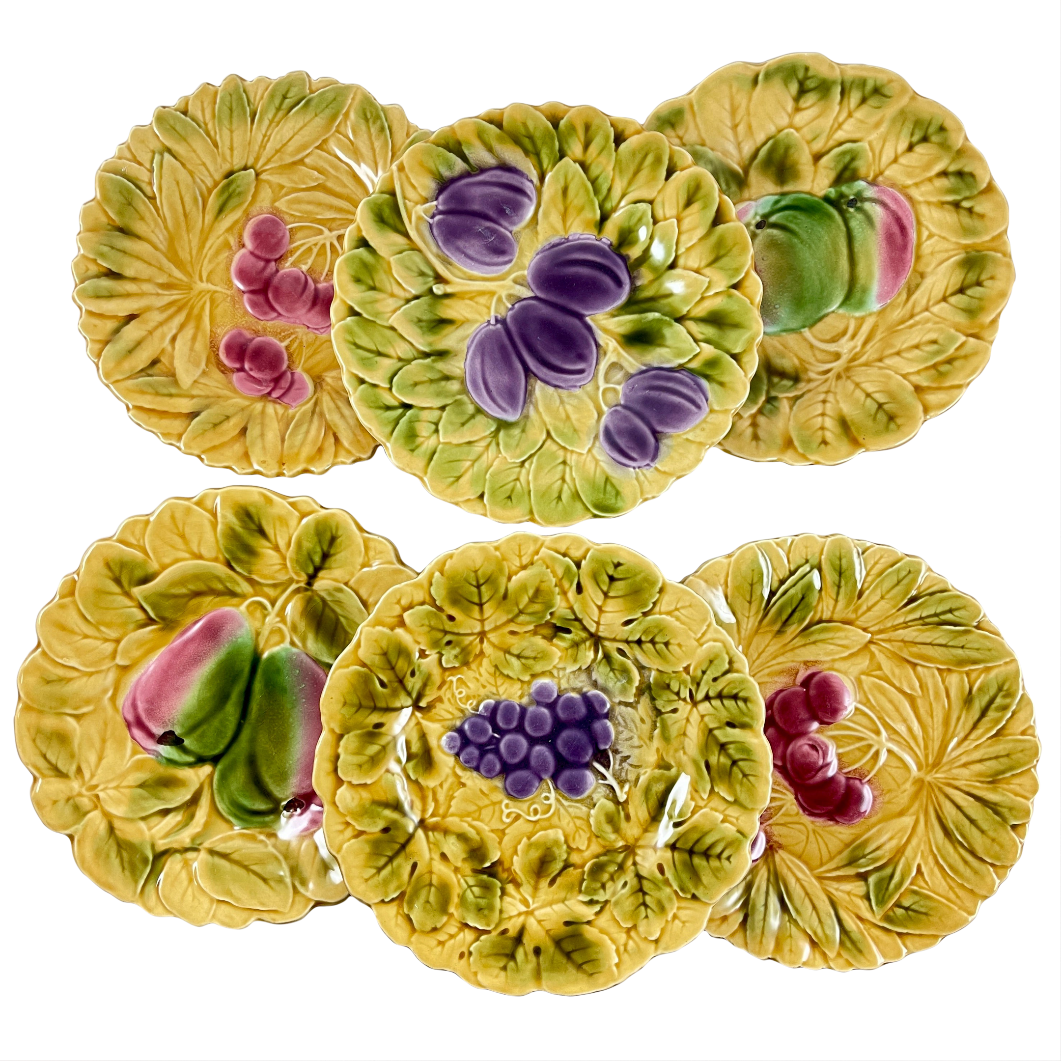 Sarreguemines French Faïence Majolica Fruit and Leaf Plates, Set