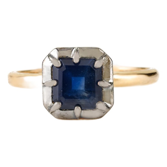 18k Gold Blue Sapphire Square Ring With Pinion Bezel Black Rhodium Size 6 For Sale