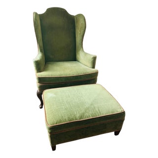Vintage Wingback Chair and Ottoman by Woodmark Originals in Green Velvet With Terracotta Piping, a Set For Sale