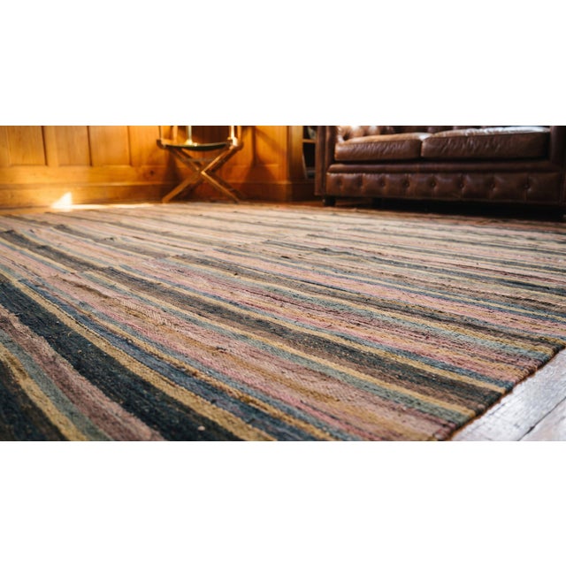 Textile 1880s Multicolor Stripe Antique American Rag Rug 8'9" X 9'5" Knotted Wool Carpet For Sale - Image 7 of 9