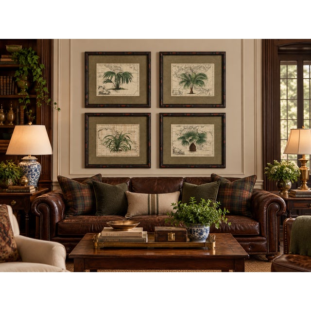 A striking collection of four botanical and cartographic prints, each featuring a different tropical palm or exotic plant...
