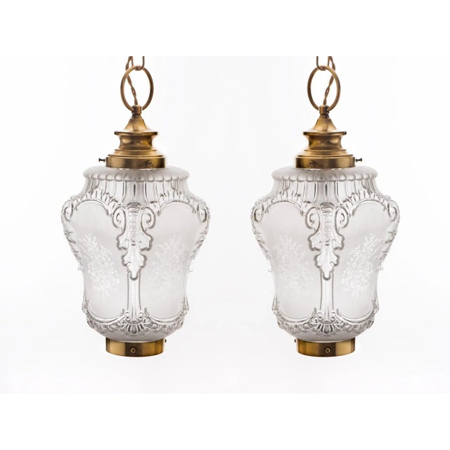 French Provincial 1950s French Rococo Brass Chain Pendant Lights, Acid-Etched Pressed Crystal Shades - A Pair For Sale - Image 3 of 12
