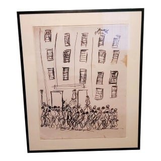 Purvis Young, Ink on Paper, Figures Near Building (1990 or 1992) For Sale