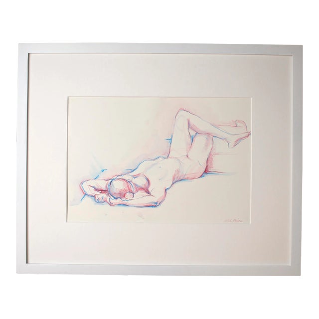 Contemporary Blue & Pink Reclining Original Female Nude Drawing, Framed For Sale