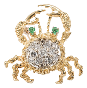 Vintage Herbert Rosenthal 18k Gold 0.57ctw Diamond Emerald Eyes Crab Pin Brooch
