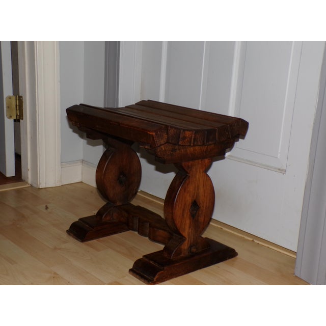 Vintage Slat Bench Solid Wood Trestle Stool Vanity Chair Rustic Cabin Decor For Sale - Image 4 of 12
