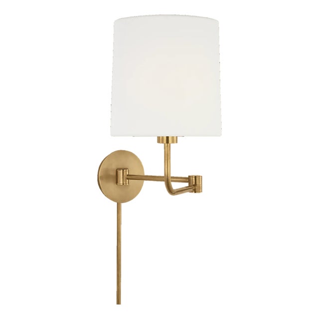 Barbara Barry for Visual Comfort Signature Go Lightly Swing Arm Wall Light in Soft Brass with Linen Shade For Sale