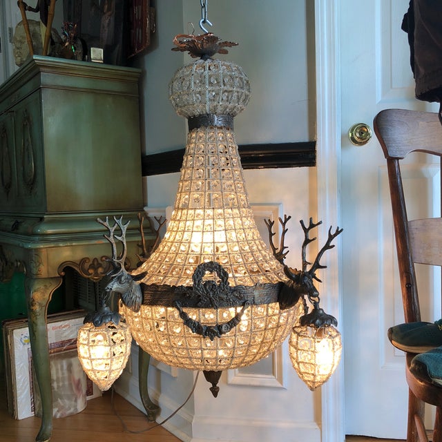 Bronze 1970s Large Aged Bronze Deer Head Stag Chandelier For Sale - Image 8 of 13