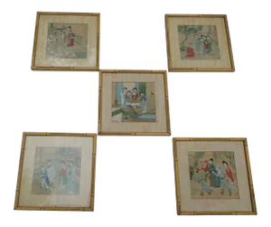 Chinese Watercolors, Hand-Painted on Silk, Set of Five