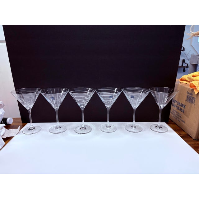 Contemporary Pair of Vintage Mikasa Cheers- Spiral Etched Martini Glasses Modernist Barware For Sale - Image 3 of 8
