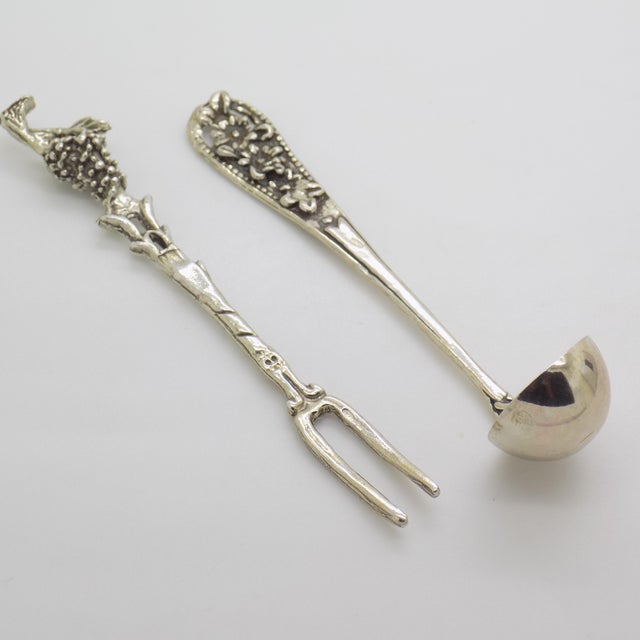 Italian Vintage Italian Handmade Genuine Silver Cocktail Fork & Cherry/Olive Mini Ladle For Sale - Image 3 of 11
