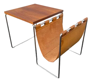 Vintage Leather, Rosewood & Chromed Steel Side Table / Newspaper Rack, 1970s