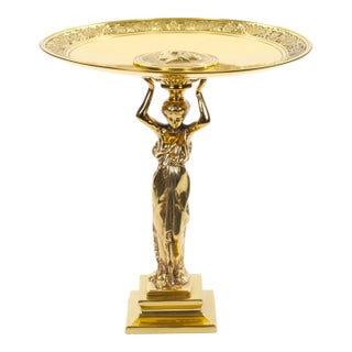 French 20th Century Classical Brass Maiden Figural Centerpiece With Relief Medal For Sale