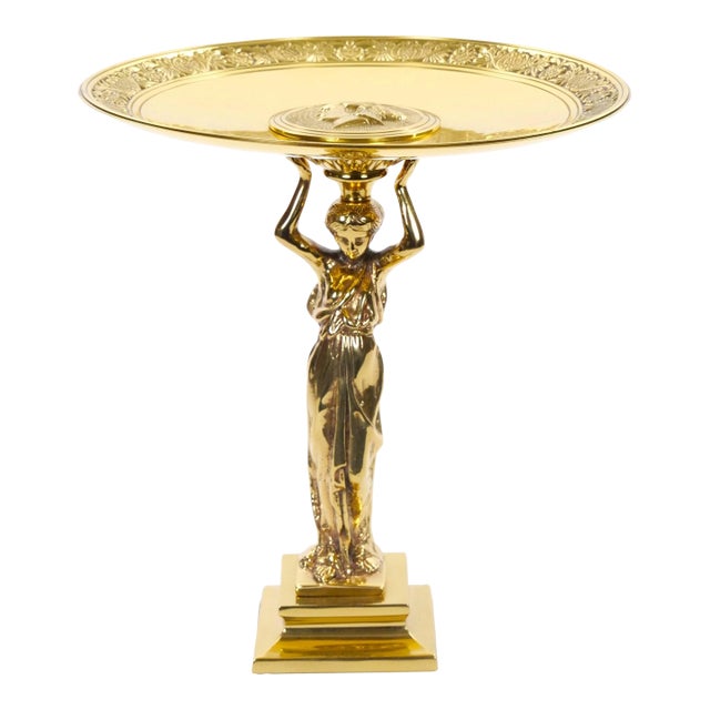 French 20th Century Classical Brass Maiden Figural Centerpiece With Relief Medal For Sale