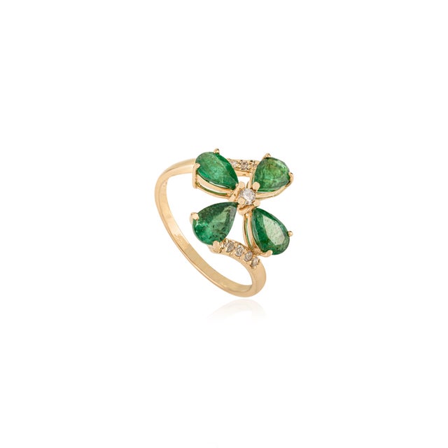 Mid-Century Modern Nature-Inspired 14k Gold Motif Emerald Diamond Contemporary Ring Size 6.5 For Sale - Image 3 of 16